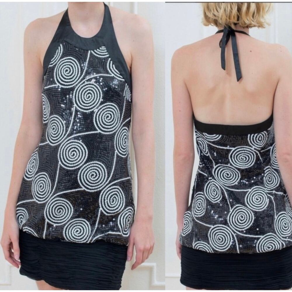Cache Y2K Glam 90's Black White Sequin Mini Special Occasion Party Dress Size 2